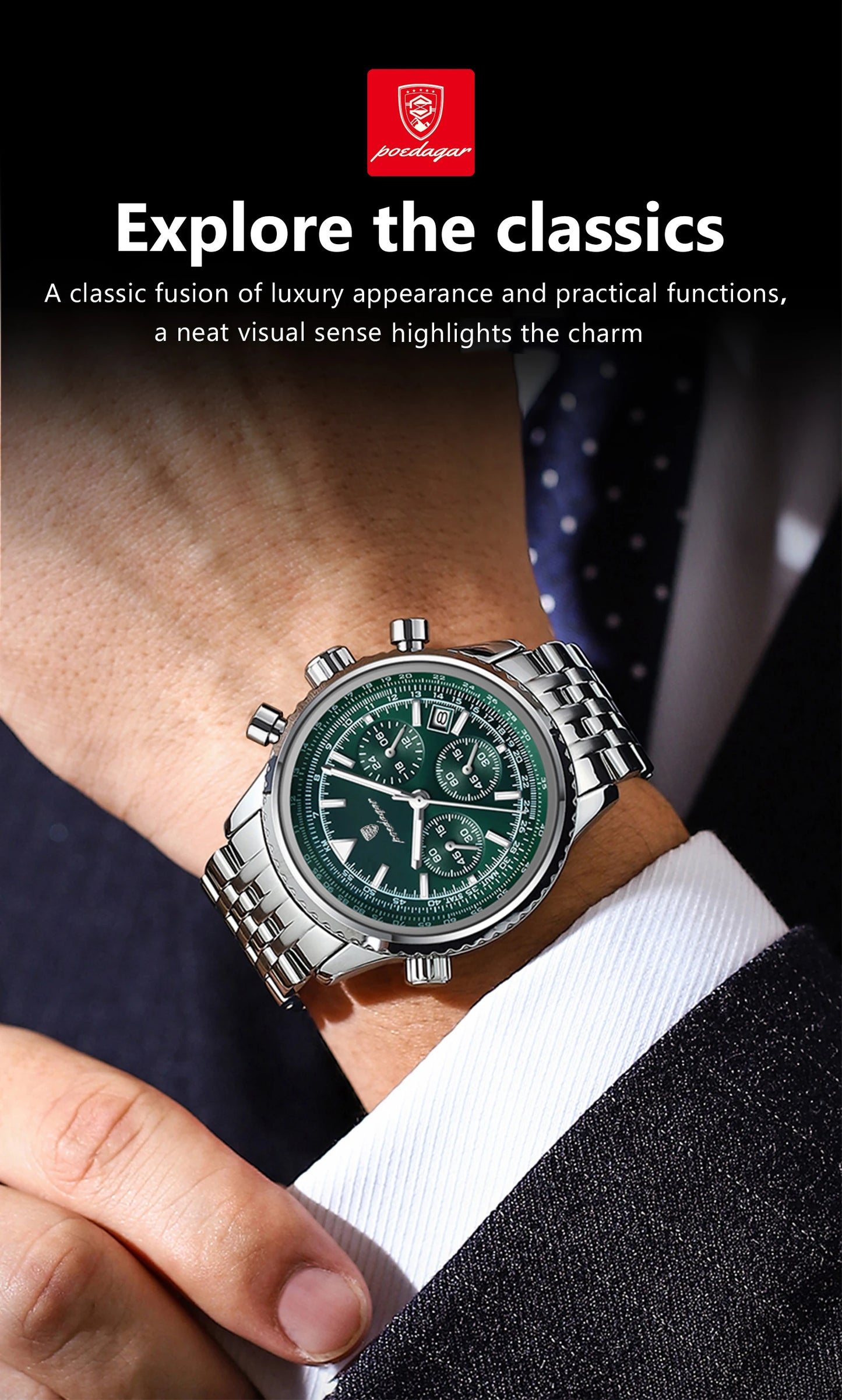 POEDAGAR Men’s Luxury Date Chronograph Stainless Steel Watch