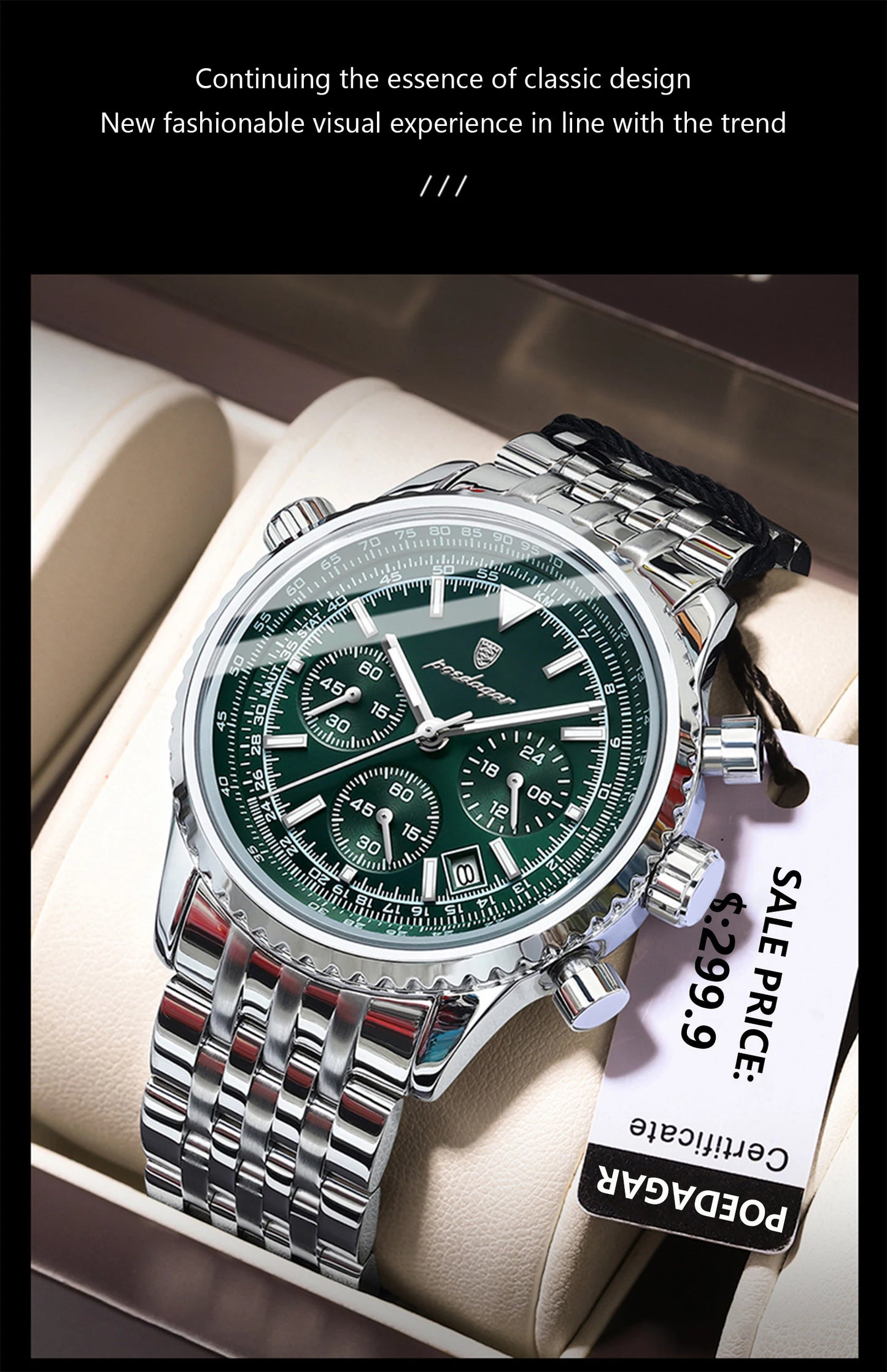 POEDAGAR Men’s Luxury Date Chronograph Stainless Steel Watch