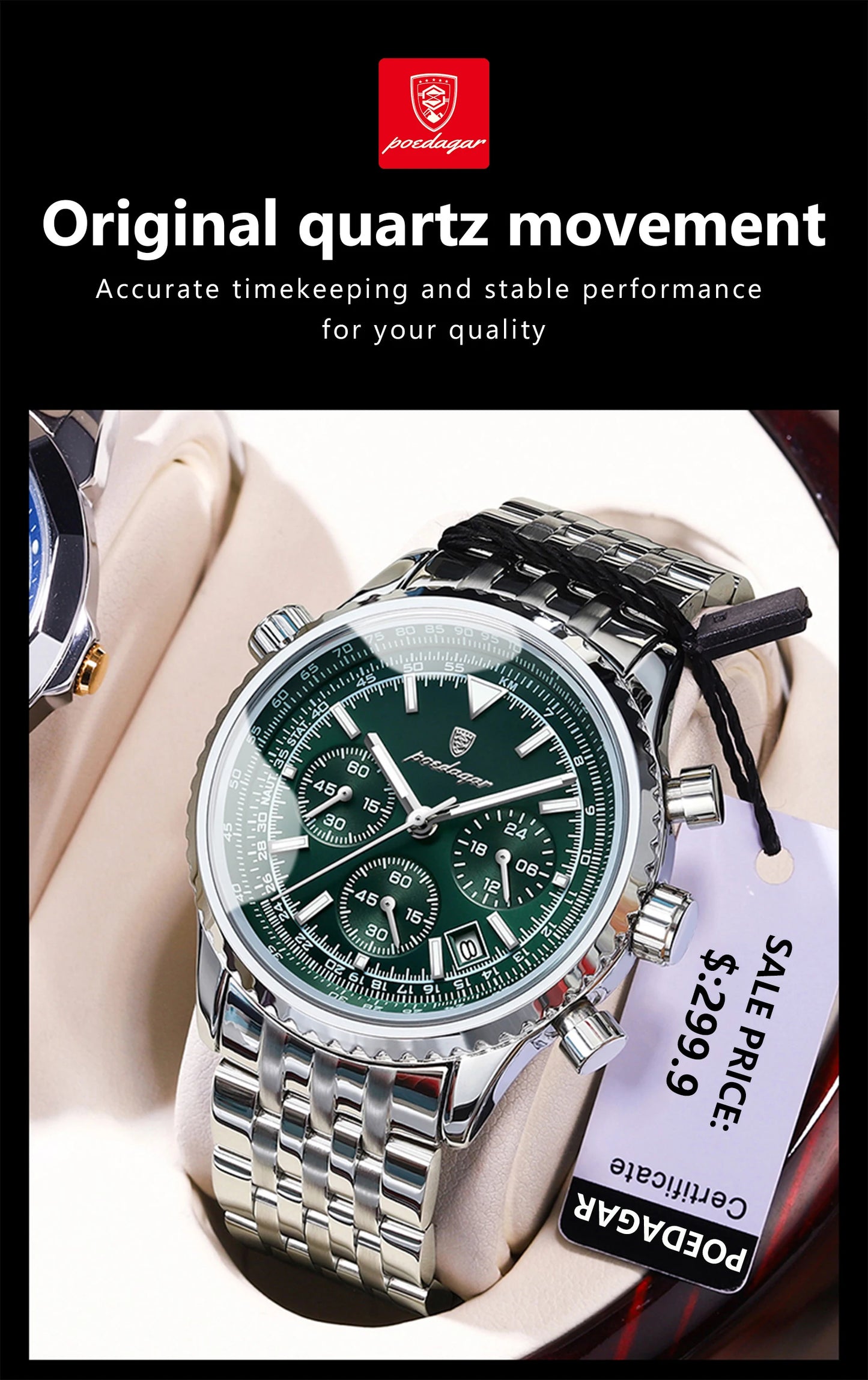 POEDAGAR Men’s Luxury Date Chronograph Stainless Steel Watch