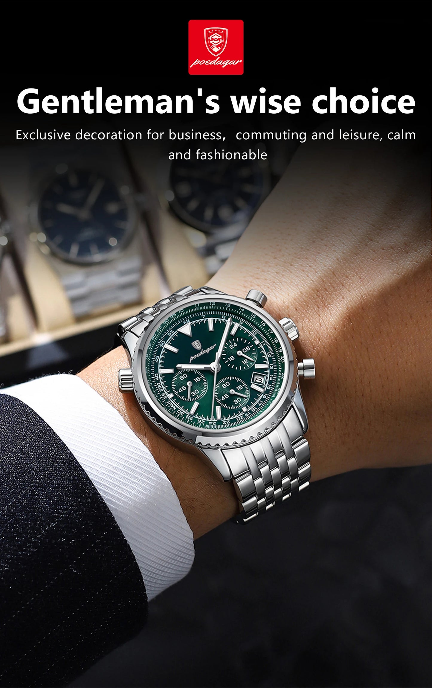 POEDAGAR Men’s Luxury Date Chronograph Stainless Steel Watch