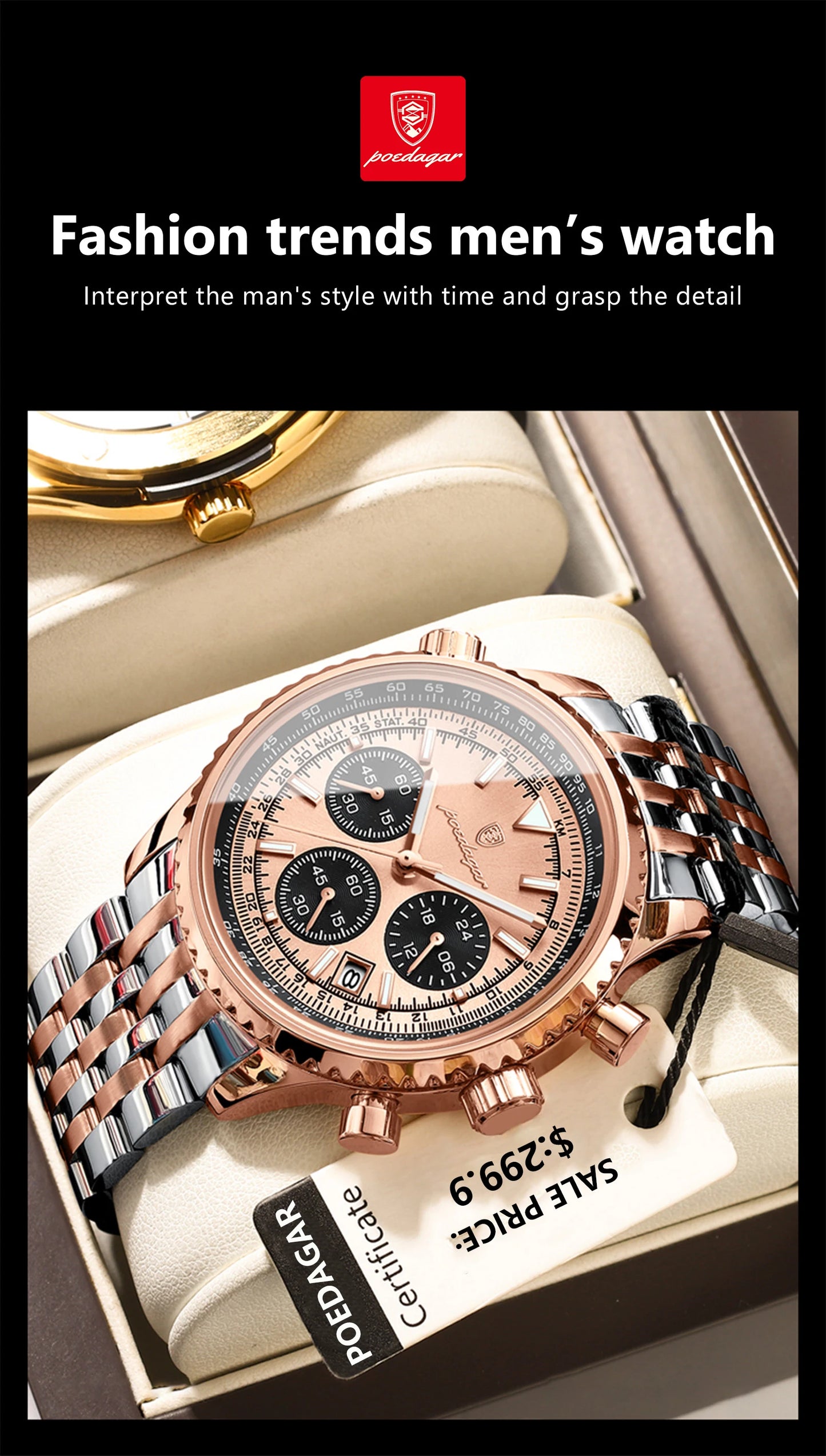POEDAGAR Men’s Luxury Date Chronograph Stainless Steel Watch