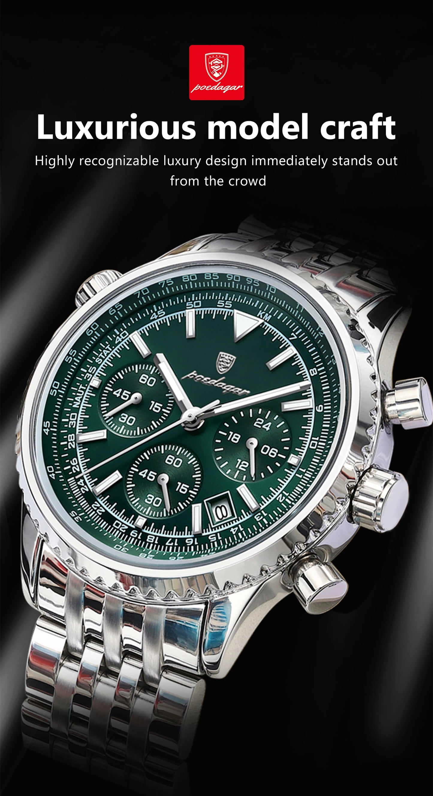 POEDAGAR Men’s Luxury Date Chronograph Stainless Steel Watch
