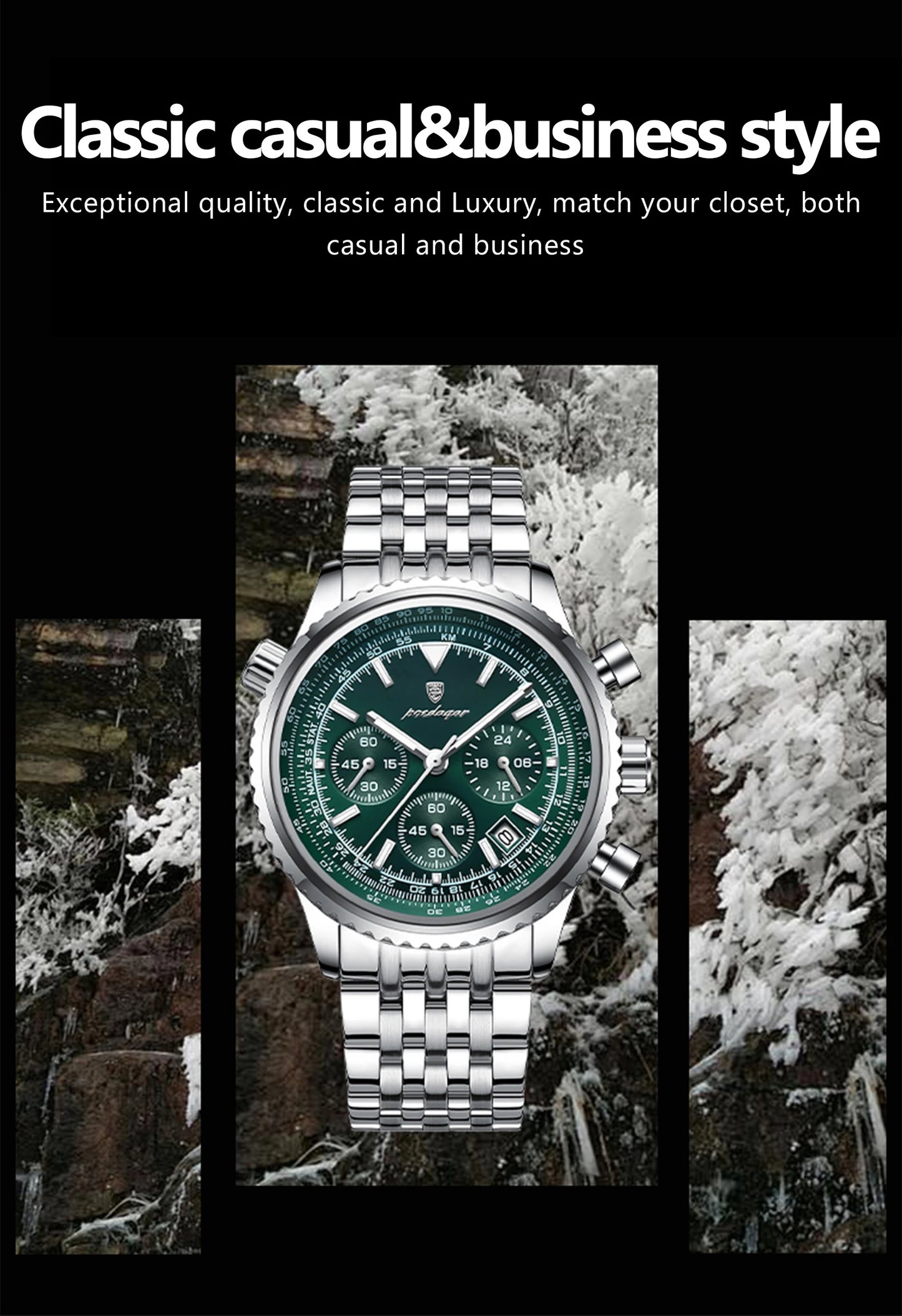 POEDAGAR Men’s Luxury Date Chronograph Stainless Steel Watch