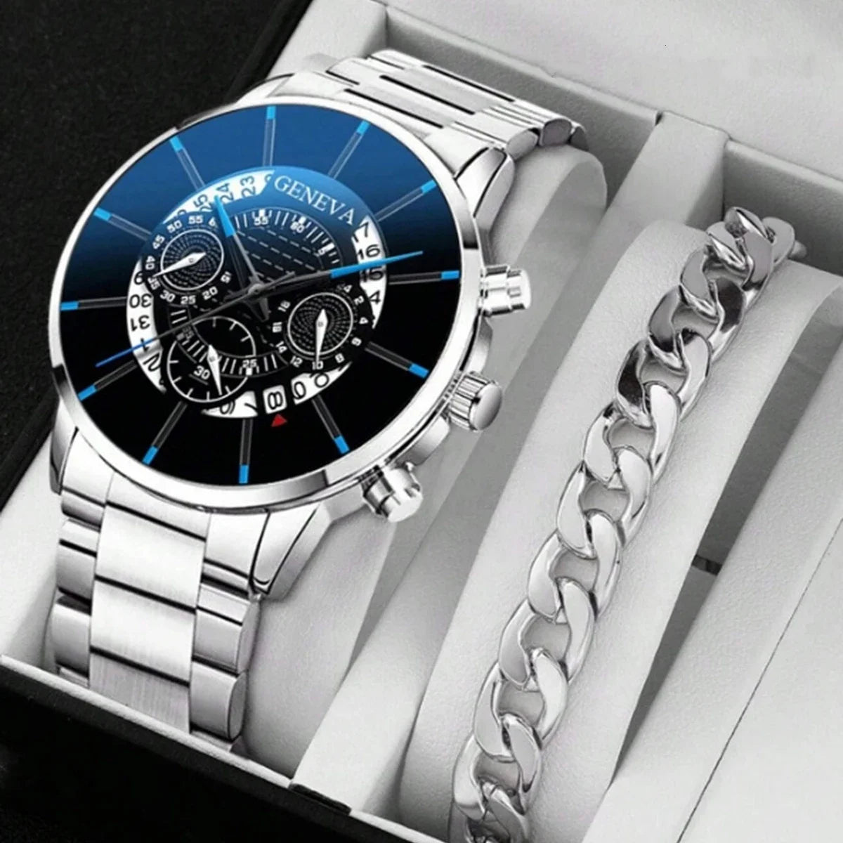 2pc Luxury Men’s Stainless Steel Calendar Watches
