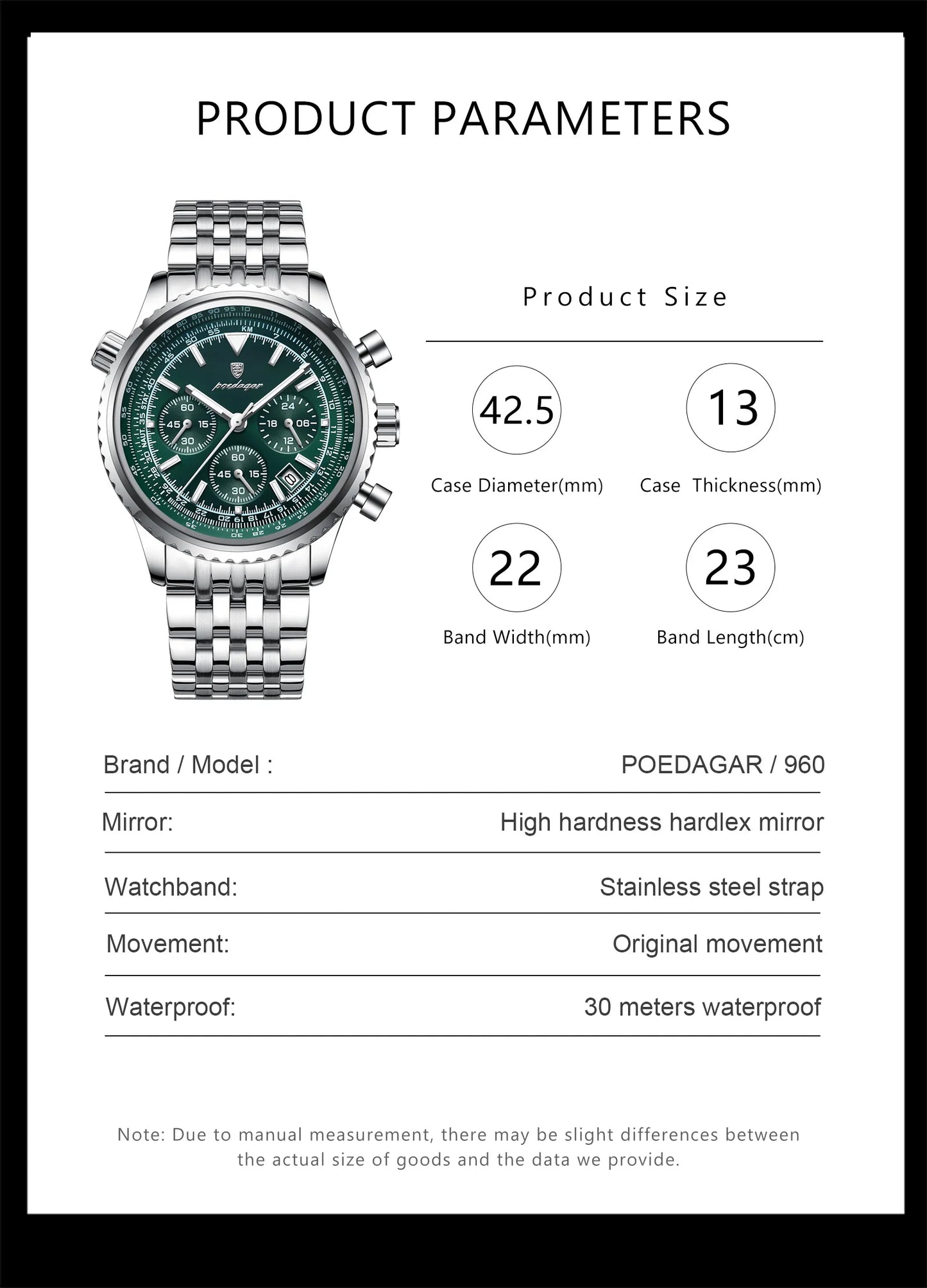 POEDAGAR Men’s Luxury Date Chronograph Stainless Steel Watch
