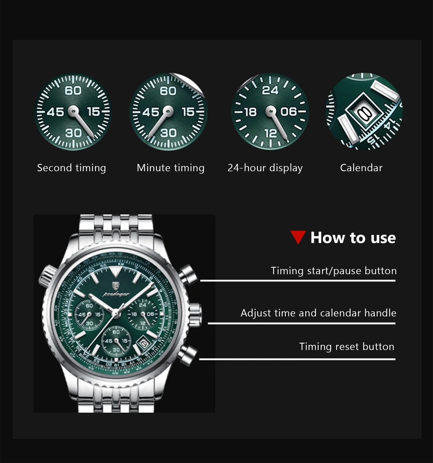 POEDAGAR Men’s Luxury Date Chronograph Stainless Steel Watch