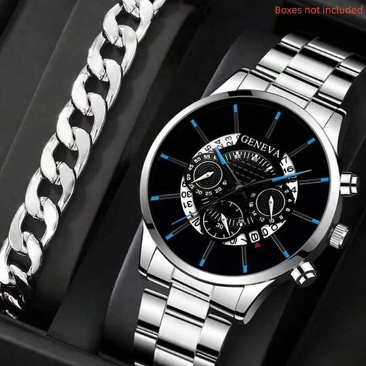 2pc Luxury Men’s Stainless Steel Calendar Watches