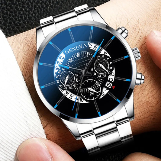 2pc Luxury Men’s Stainless Steel Calendar Watches