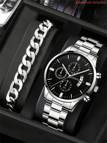 2pc Luxury Men’s Stainless Steel Calendar Watches
