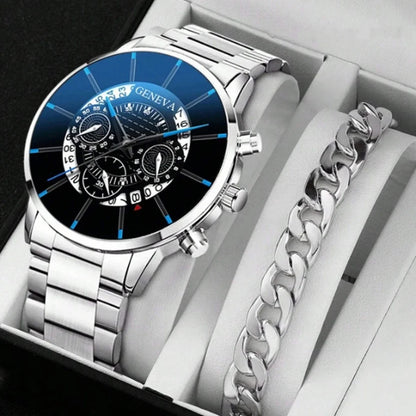 2pc Luxury Men’s Stainless Steel Calendar Watches